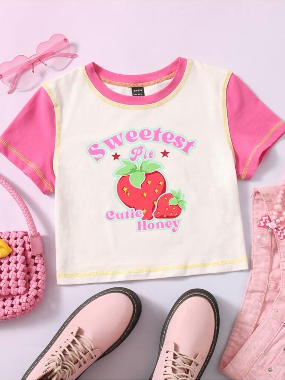 SHEIN White & Pink 'Sweetest Pie' Strawberry Graphic Tee